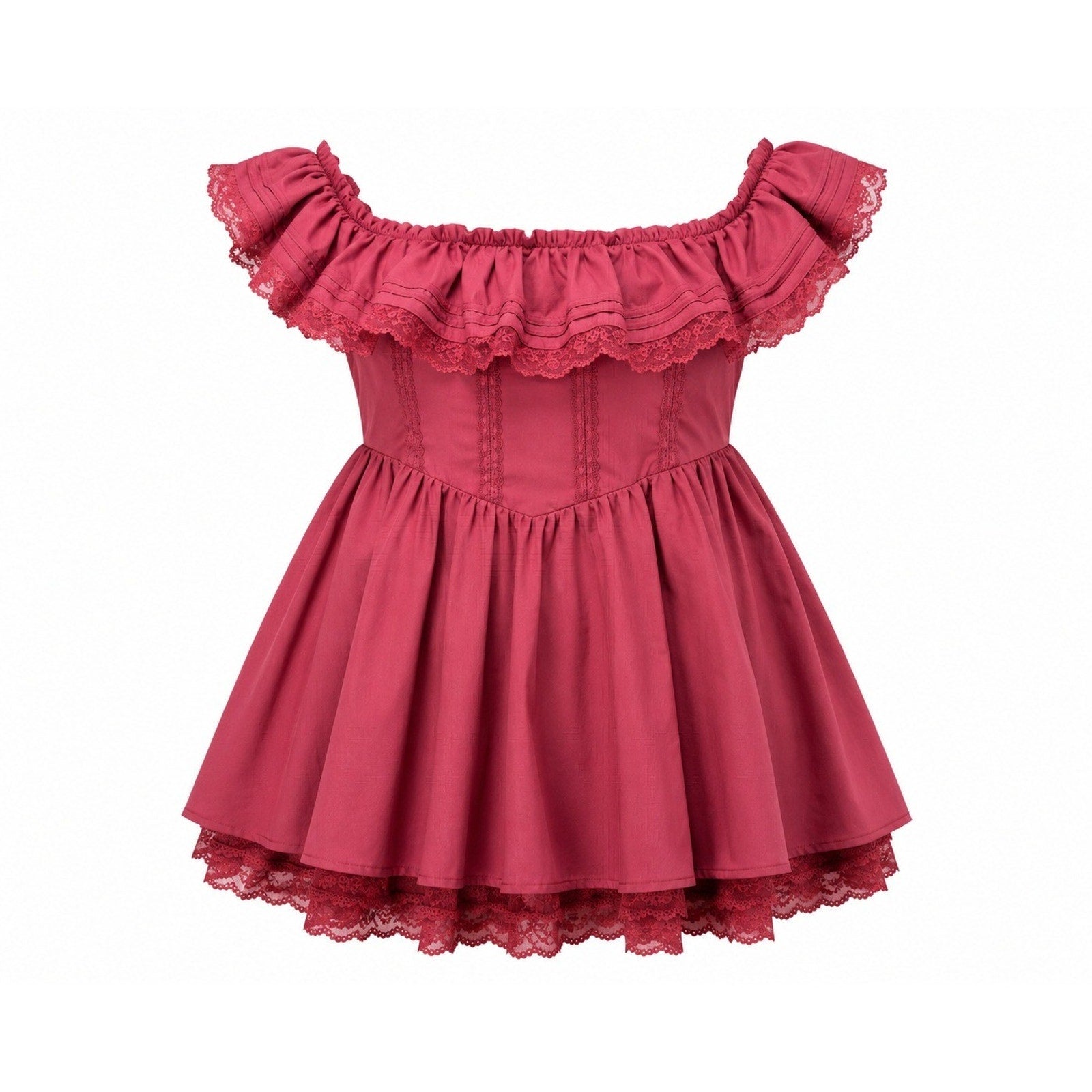 Burgundy Cottagecore Off Shoulder Lace Ruffle Mini Dress Smocked 4XL Wine Red