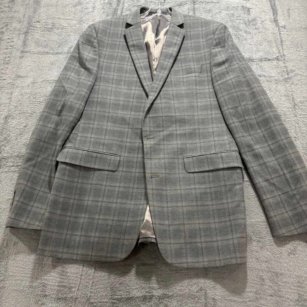 Mens 42R Gray Plaid Slim Fit Blazer Sport Coat Two Button Wool Blend Preppy