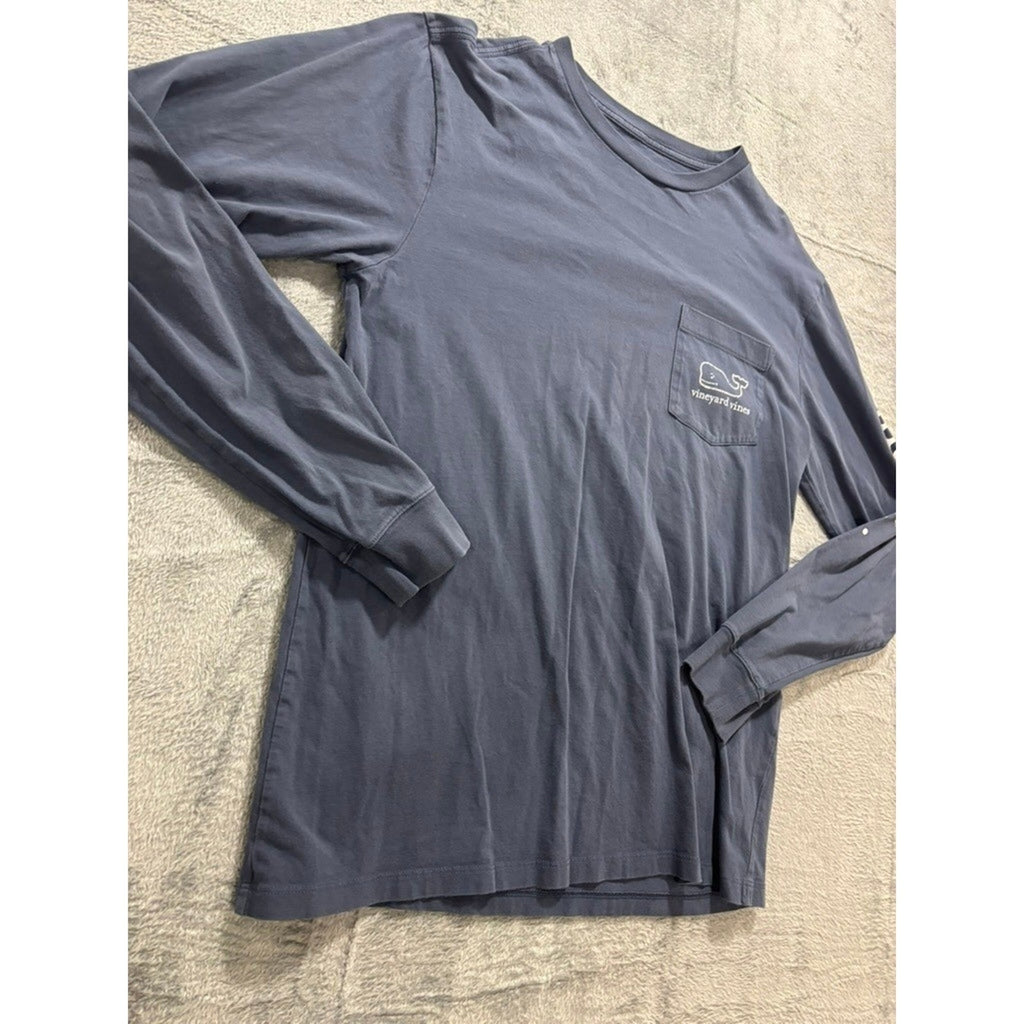 Vineyard Vines Mens Small Long Sleeve Pocket Tee Navy Blue Whale Logo Cotton