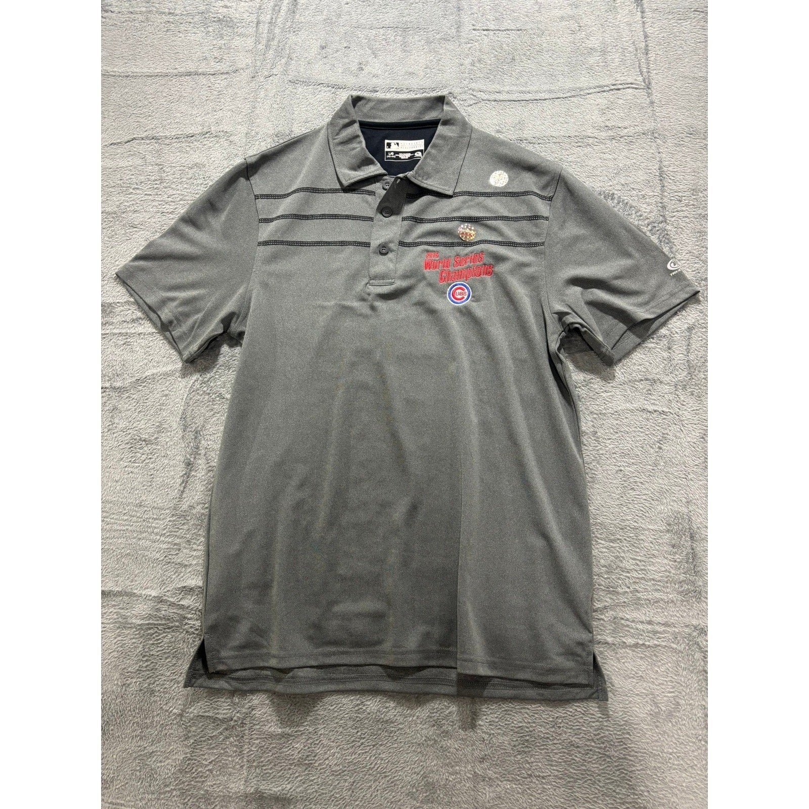MLB Cubs Polo Shirt Mens LG Gray 2016 World Series Champions True Fan