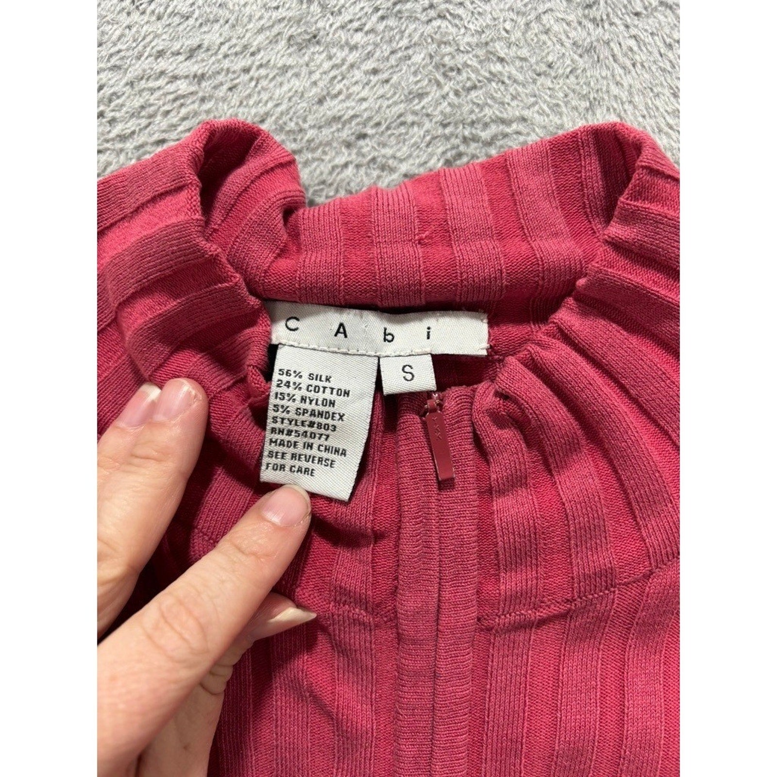 CAbi Ribbed Zip Sweater Womens Small Pink Silk Blend Fitted Stretch Y2K