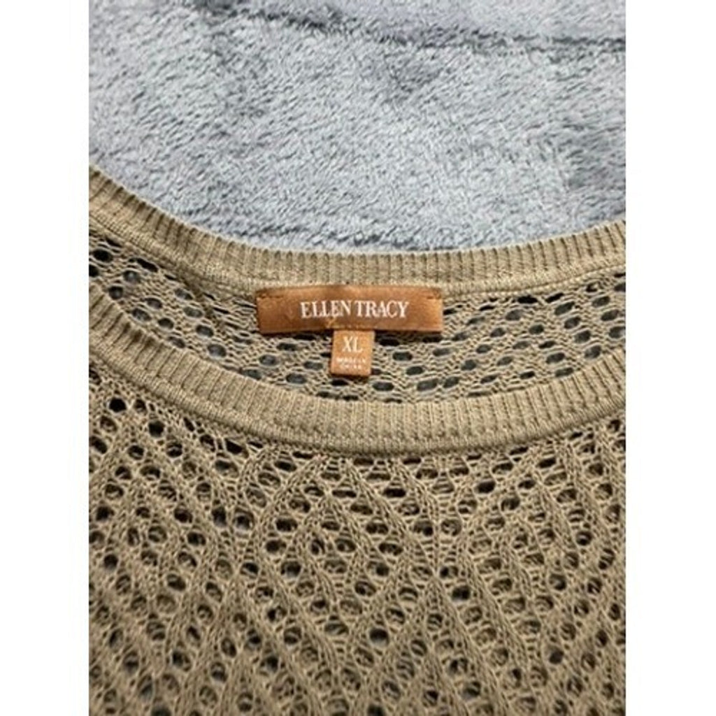 Ellen Tracy Womens XL Tan Diamond Open Knit Crochet Sweater 3/4 Sleeve Boat Neck