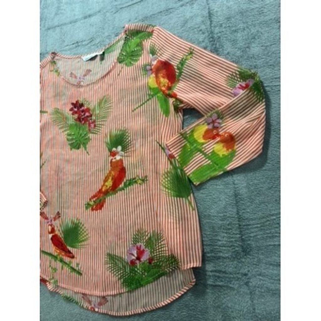 Lemon Way Blouse Womens XL Tropical Parrot Striped Long Sleeve Orange Green Top
