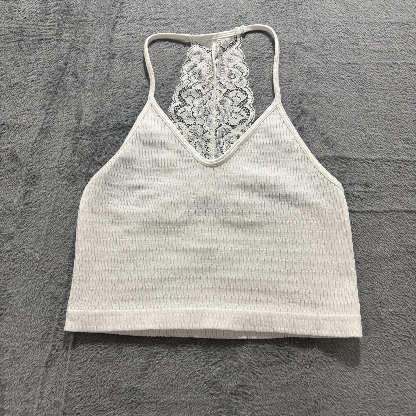 One Step Up Womens SM White Lace Racerback Crop Top Boho Festival Coquette Cute