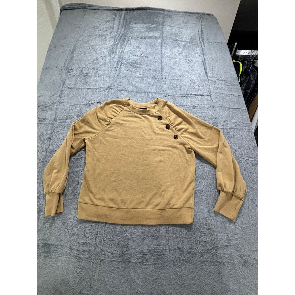 Who What Wear Womens L Tan Button Detail Sweatshirt Long Sleeve Casual Cozy Boho
