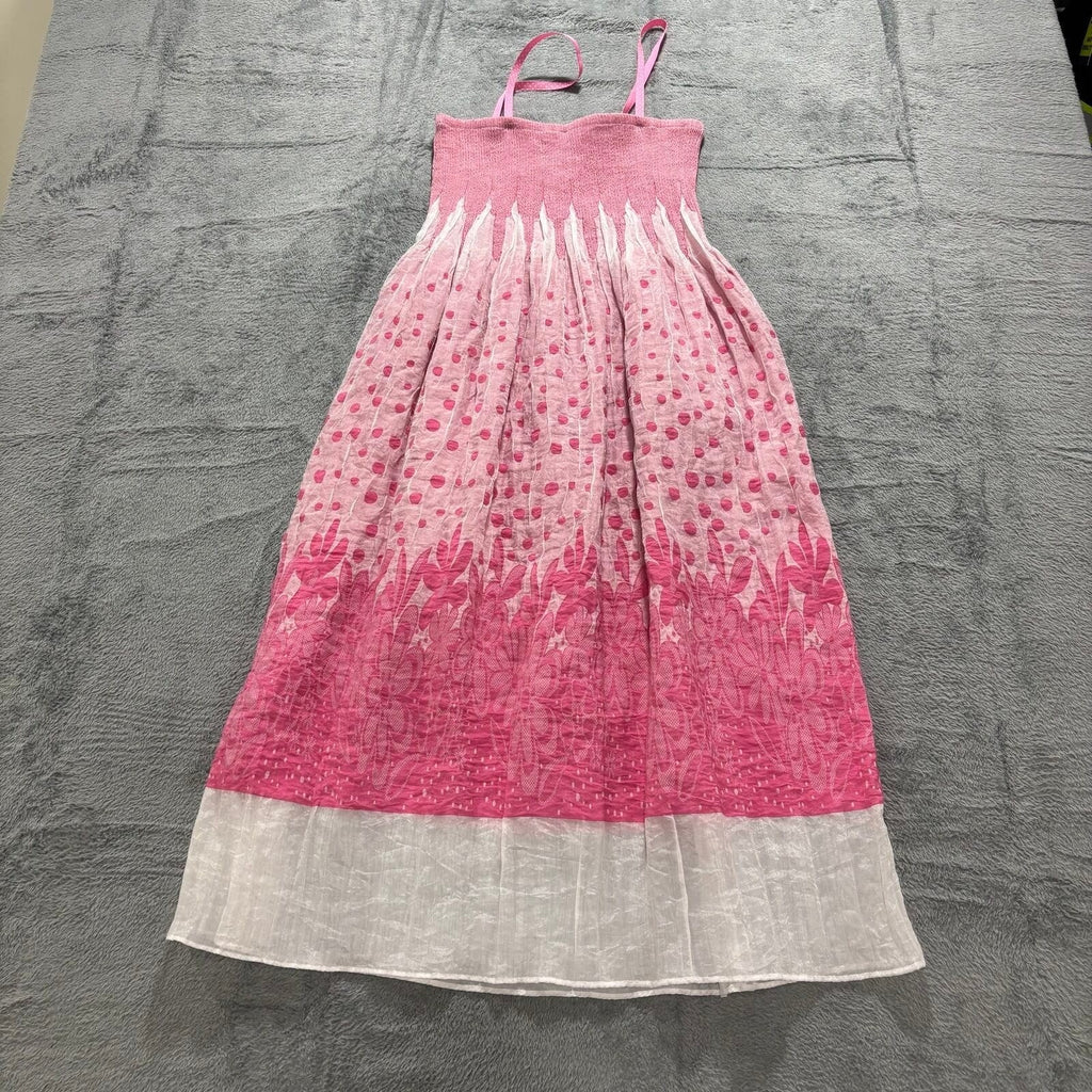 Lapis Womens OS Pink Smocked Polka Dot Floral Maxi Dress Boho Festival