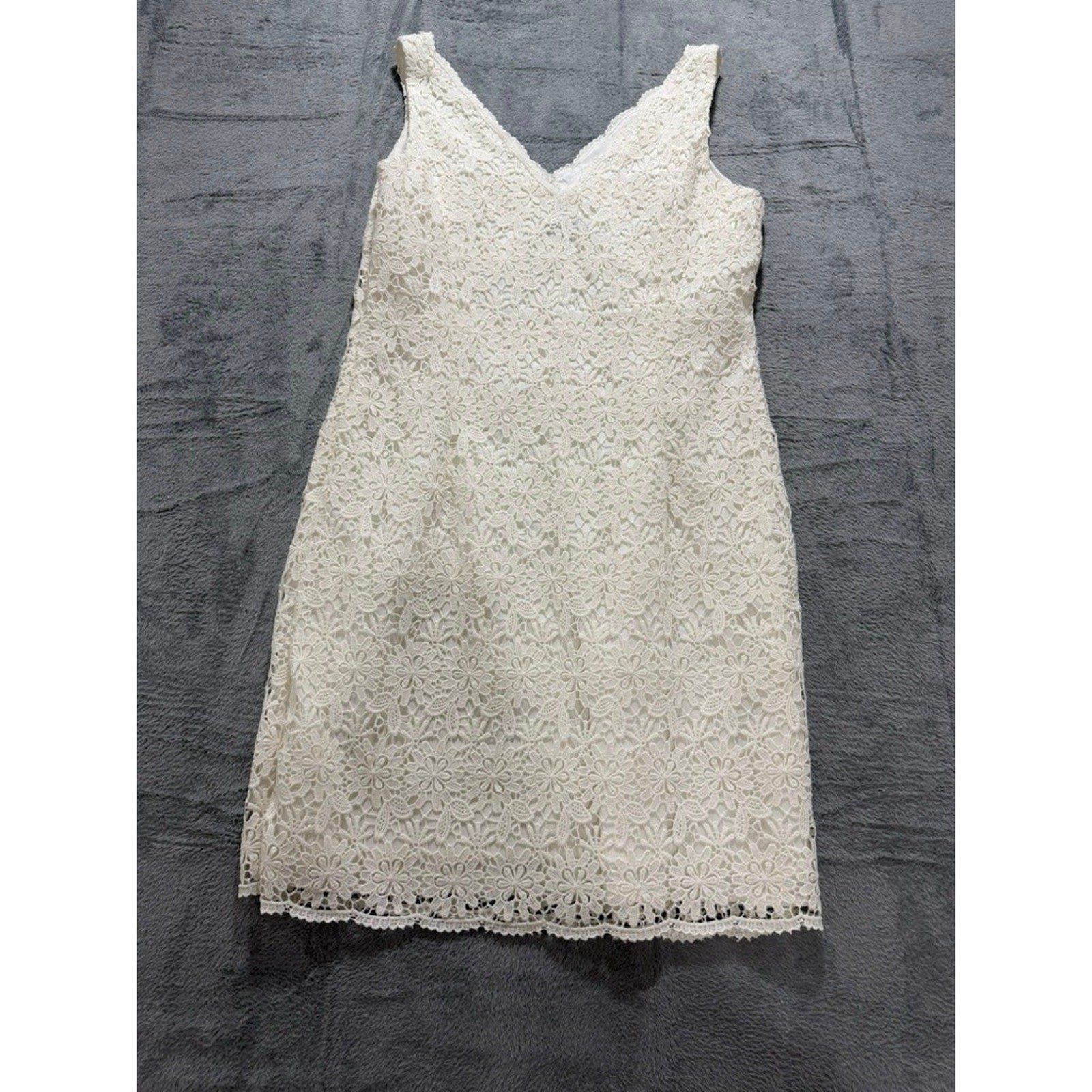 Ann Taylor Women Ivory White Floral Crochet Lace V-Neck Sleeveless Dress 14