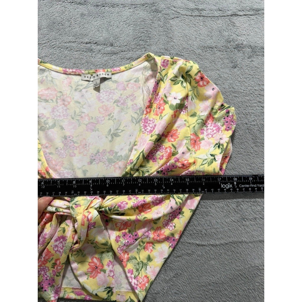 Haute Monde Womens Yellow Floral Tie Front Crop Top V-Neck Short Sleeve Large