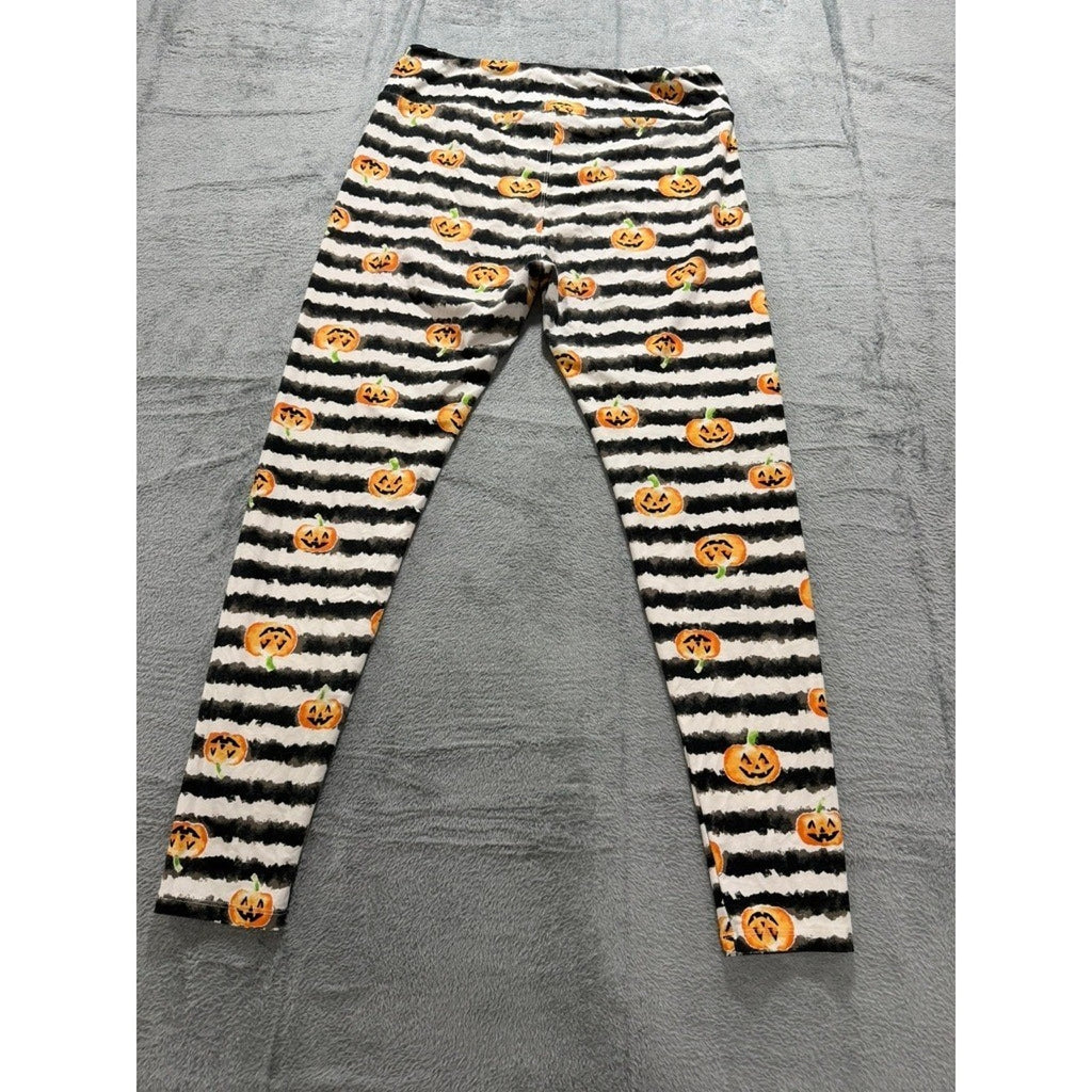 LuLaRoe Womens Halloween Leggings TC Black White Stripe Pumpkin Jack-O-Lantern