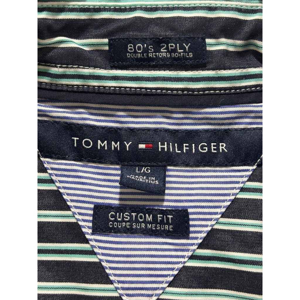 Tommy Hilfiger L Green Blue Striped Button Down Shirt Mens Custom Fit Preppy