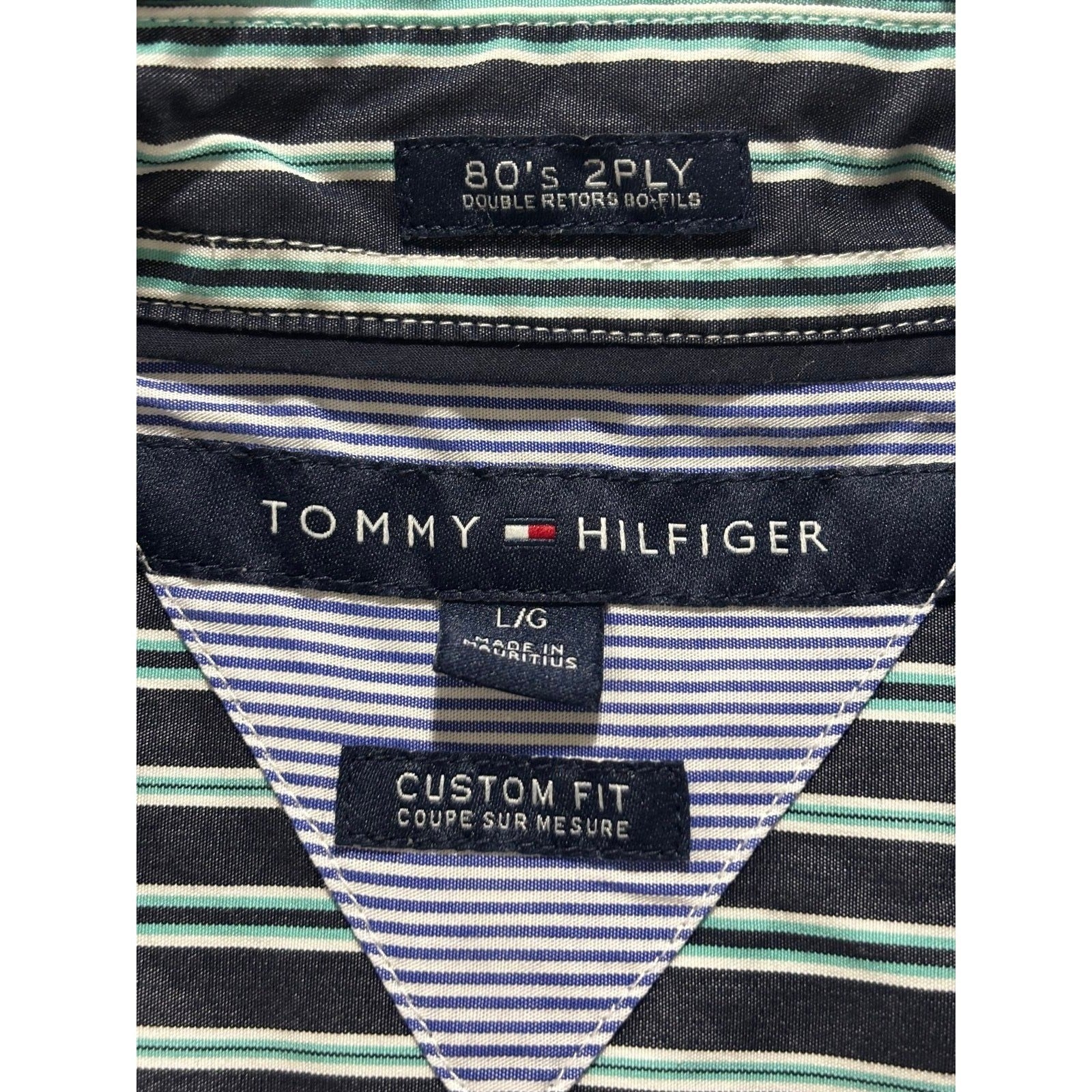 Tommy Hilfiger L Green Blue Striped Button Down Shirt Mens Custom Fit Preppy