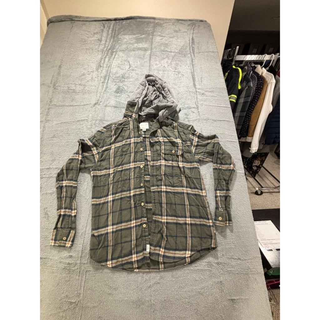 American Eagle M Green Plaid Hooded Flannel Shirt Womens Vintage Casual Cozy