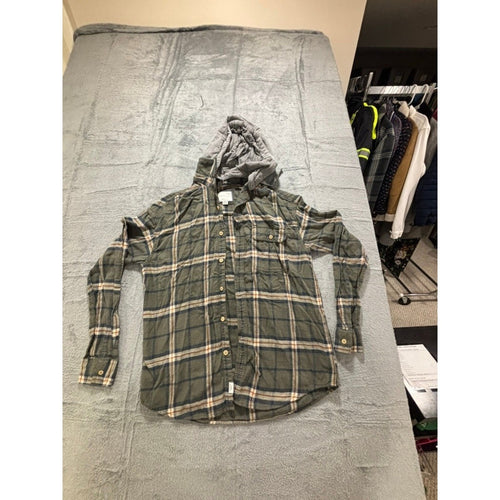 American Eagle M Green Plaid Hooded Flannel Shirt Womens Vintage Casual Cozy