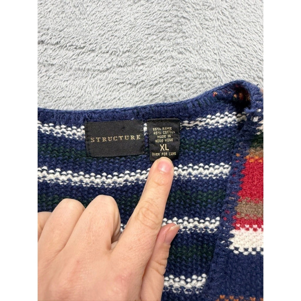 Structure Sweater Vest Mens XL Multicolor Striped Knit Button V Neck Retro