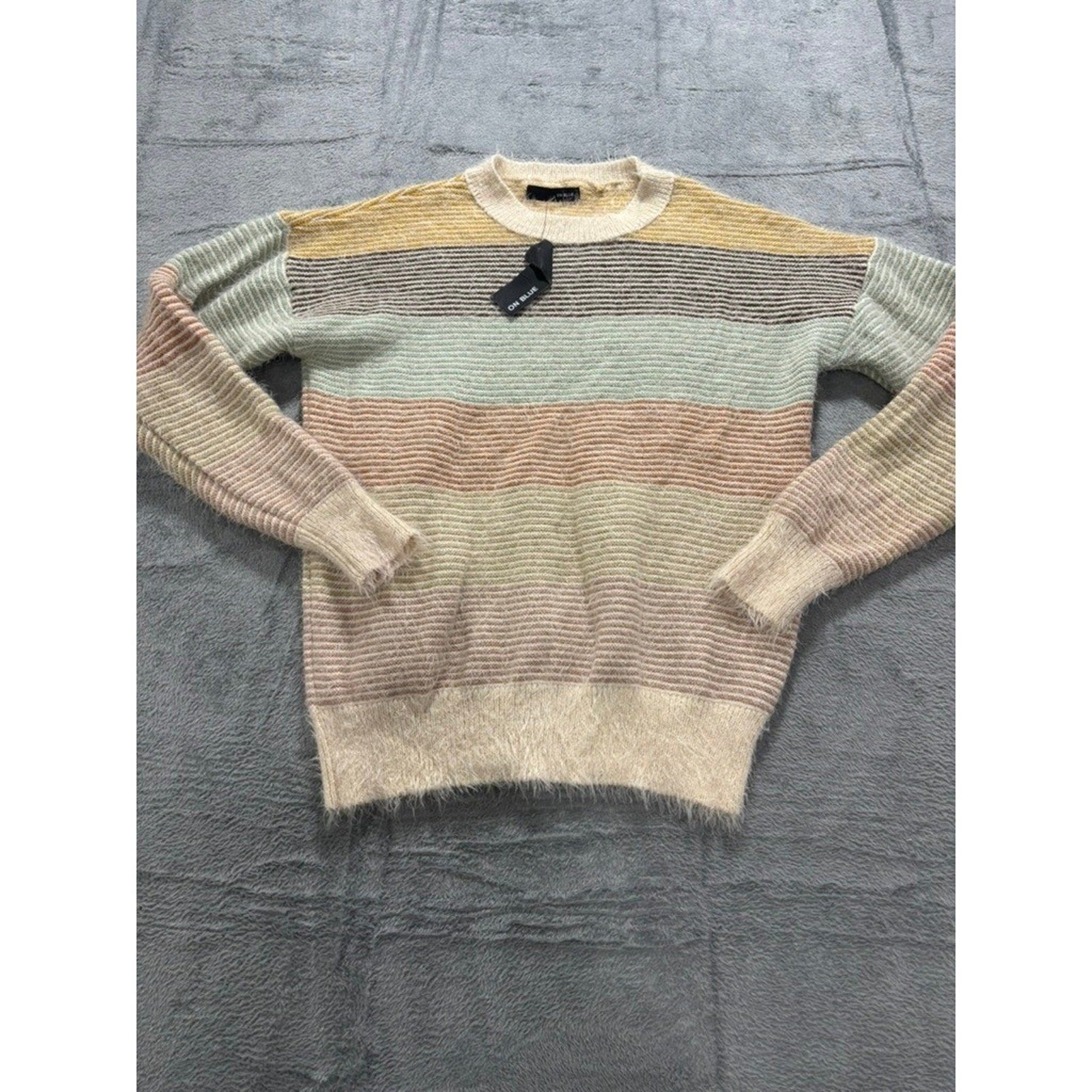 On Blue Womens Striped Eyelash Knit Sweater Multicolor Crew Neck Large Cozy