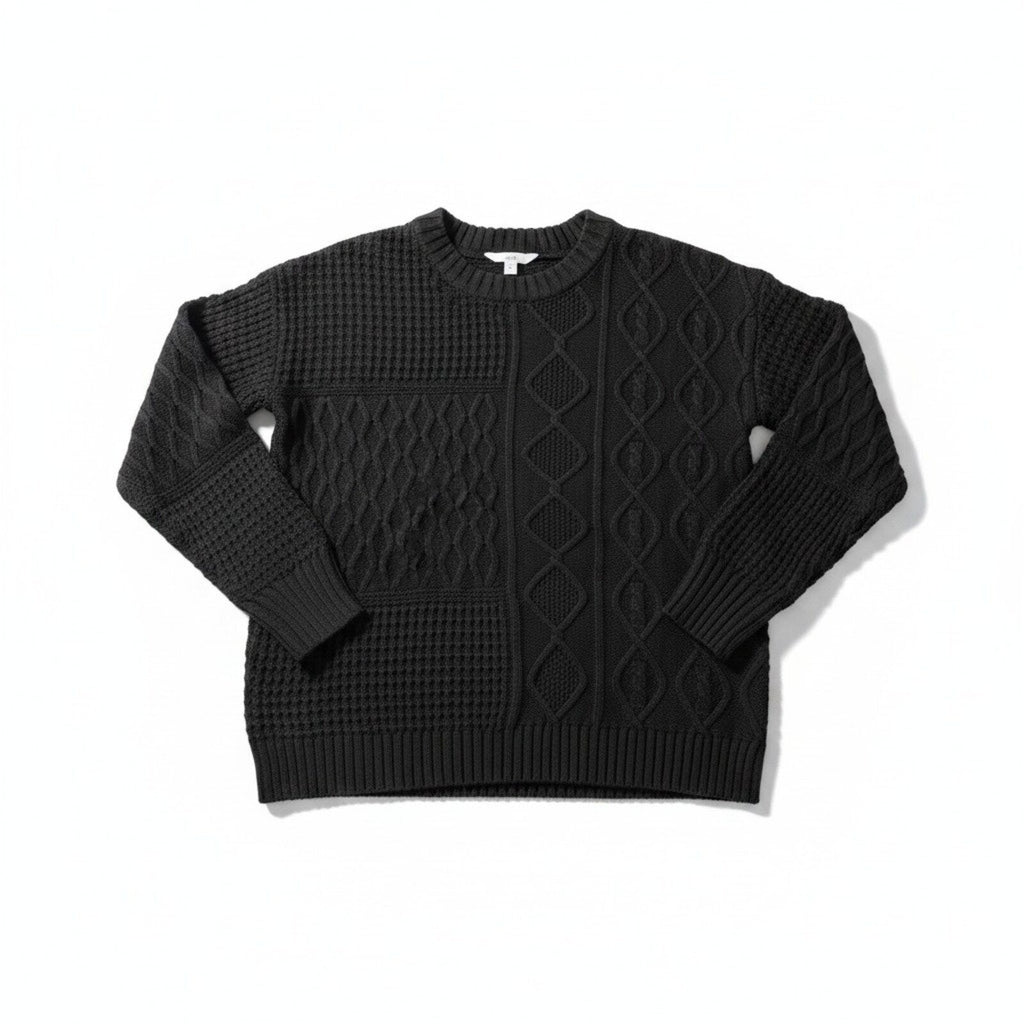 Time and Tru M Black Womens Mixed Cable Knit Sweater Crewneck Cozy Casual Boho