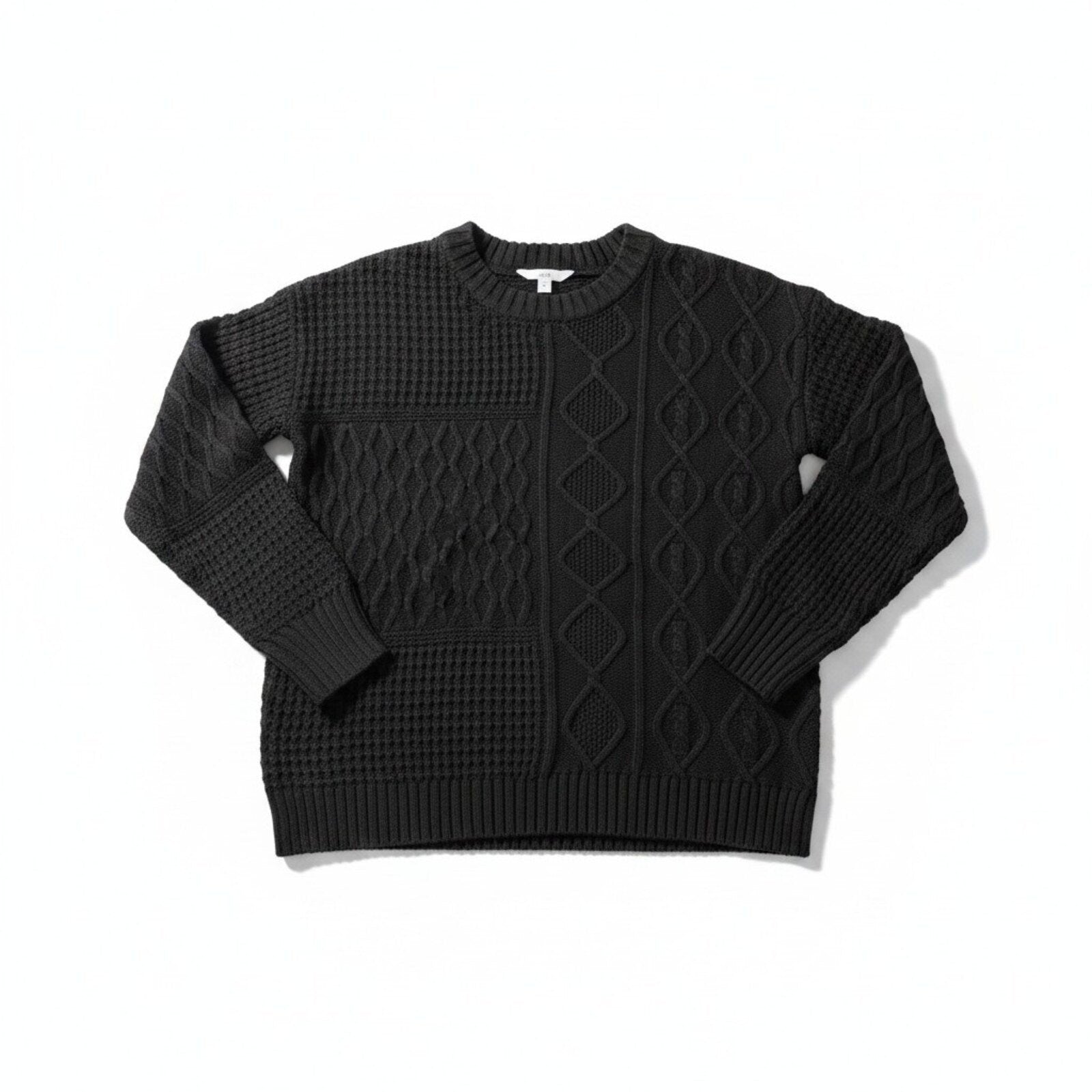 Time and Tru M Black Womens Mixed Cable Knit Sweater Crewneck Cozy Casual Boho