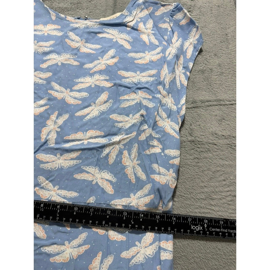 LOFT Dress Womens 12 Blue Dragonfly Print Cap Sleeve Fit Flare Midi