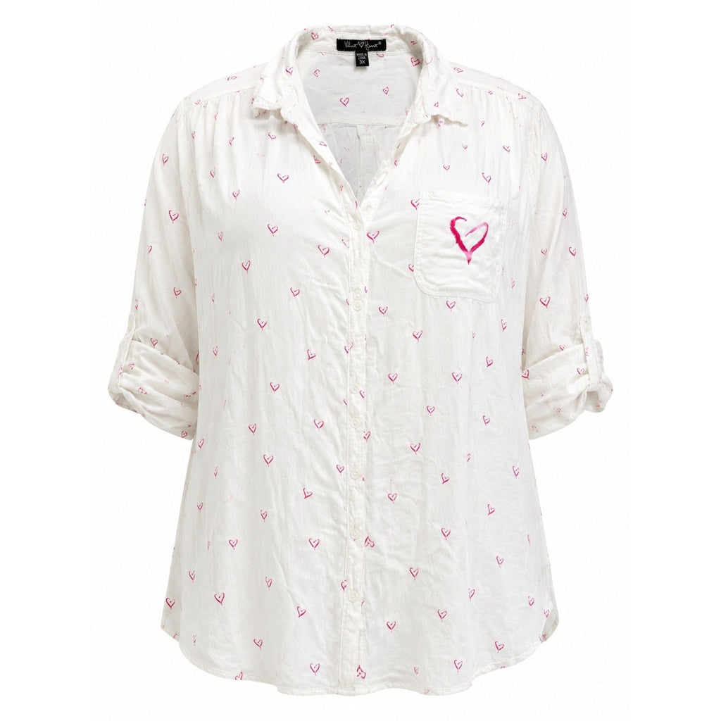 Velvet Heart Womens 3X White Pink Heart Print Roll Tab Sleeve Button Up Shirt