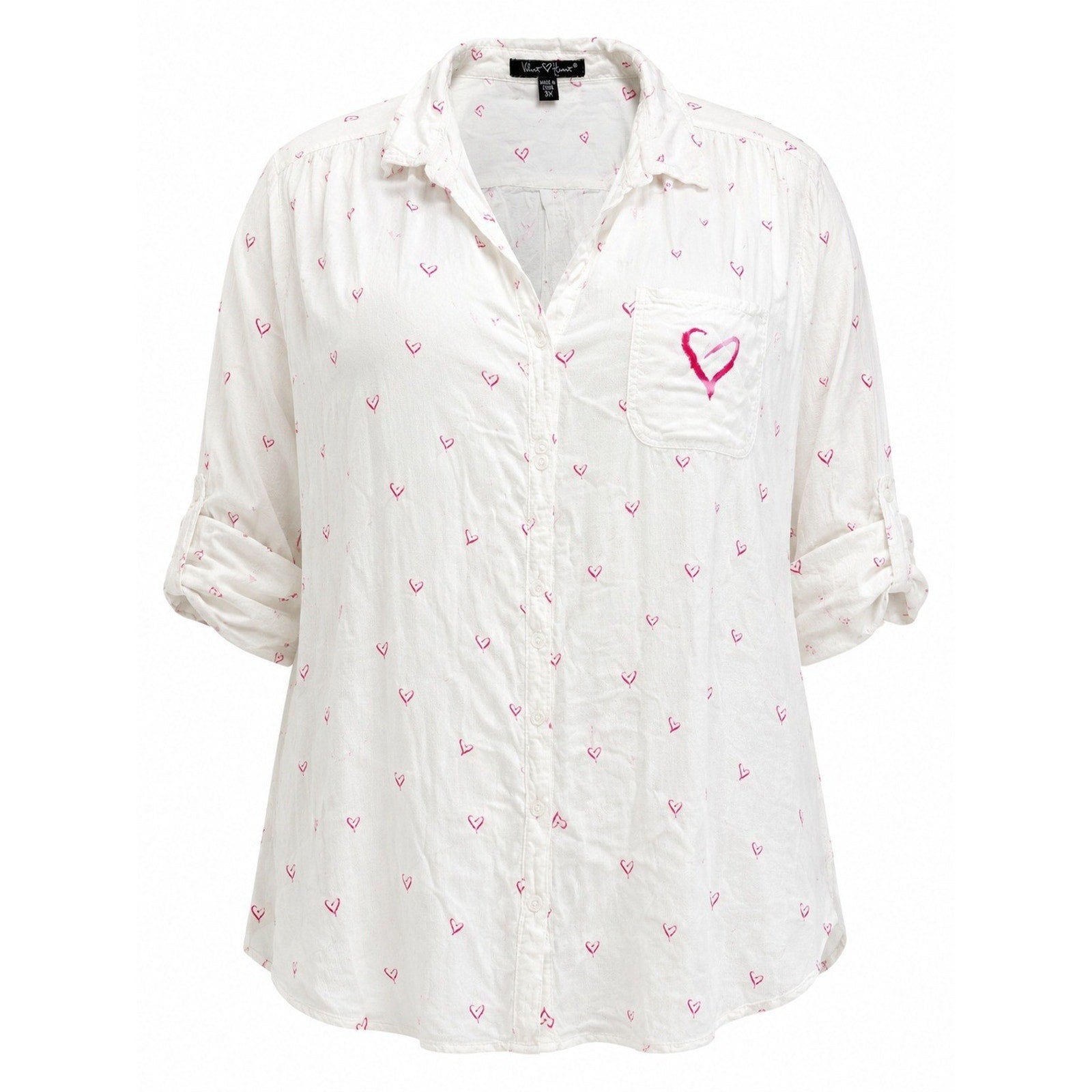 Velvet Heart Womens 3X White Pink Heart Print Roll Tab Sleeve Button Up Shirt