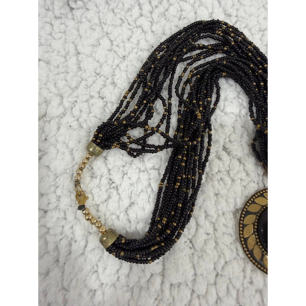 Womens OS Black Gold Multi Strand Seed Bead Statement Necklace Vintage Boho