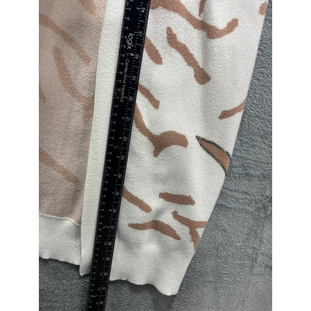 Ontwelfth Cardigan Womens Small Open Front Animal Print Cream Beige Knit