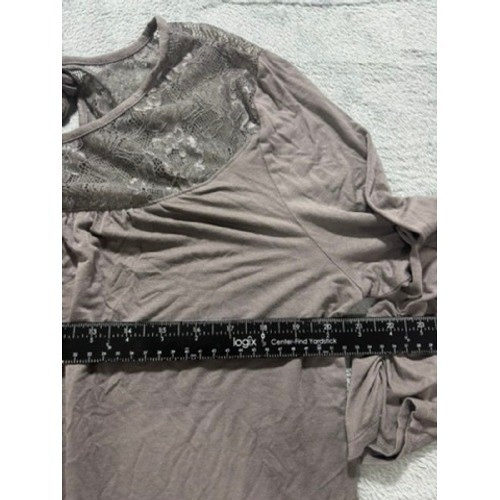 Maurices Womens XL Taupe Lace Yoke Tie Back Long Sleeve Ruched Peasant Top