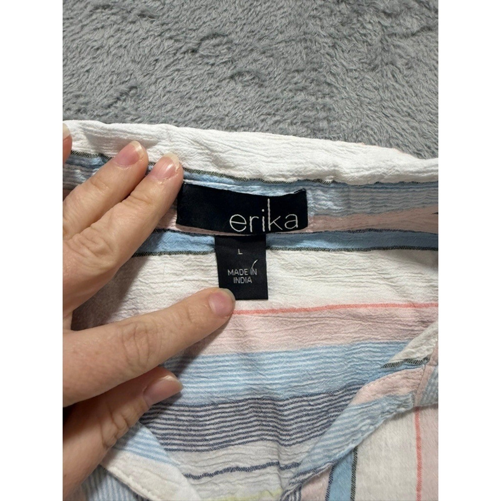 Erika Button Up Shirt Womens L Multicolor Stripe Cotton Short Sleeve Casual