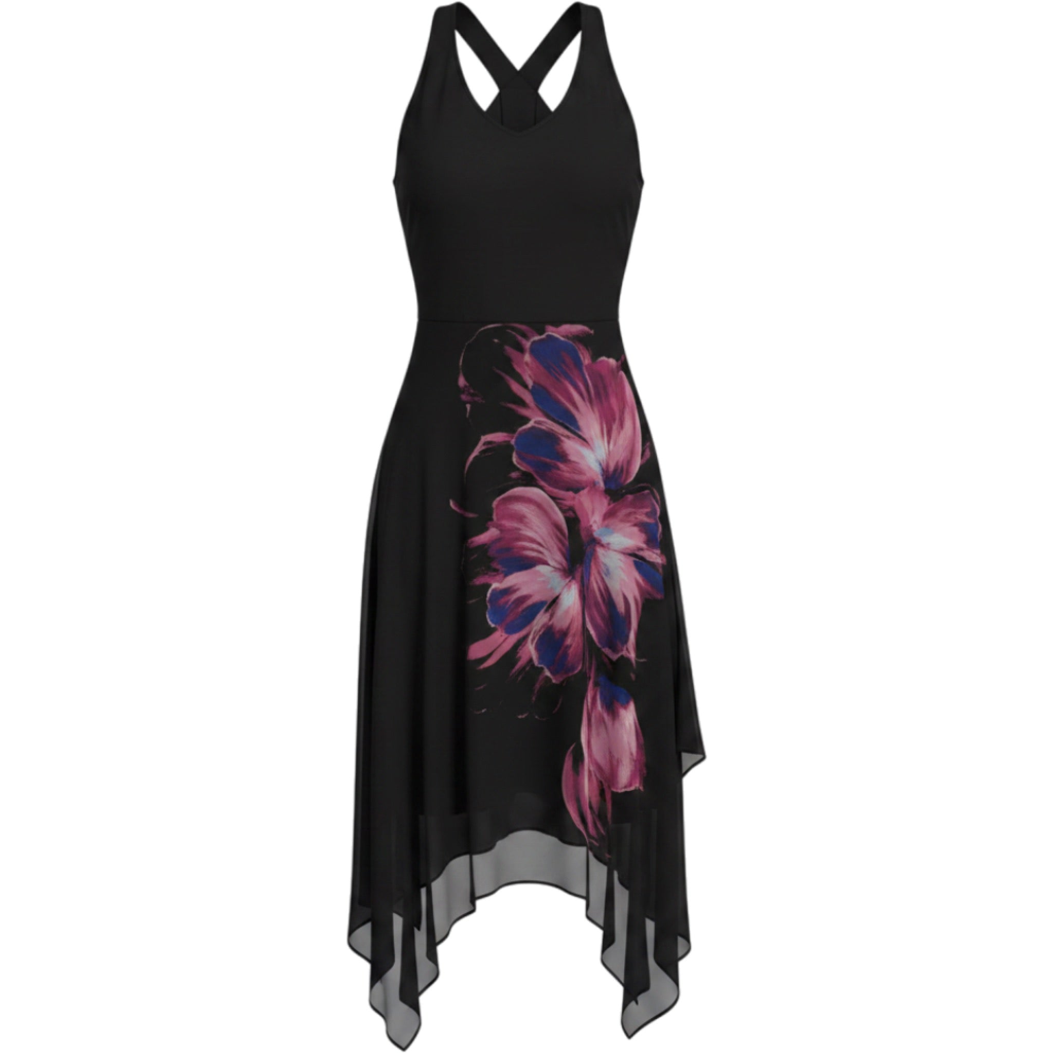 Jennifer Lopez Black Floral Asymmetrical Maxi Dress L Sleeveless Chiffon Dance