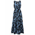 Blue Black Tropical Leaf Print Smocked Tiered Maxi Dress Women Medium Vacation