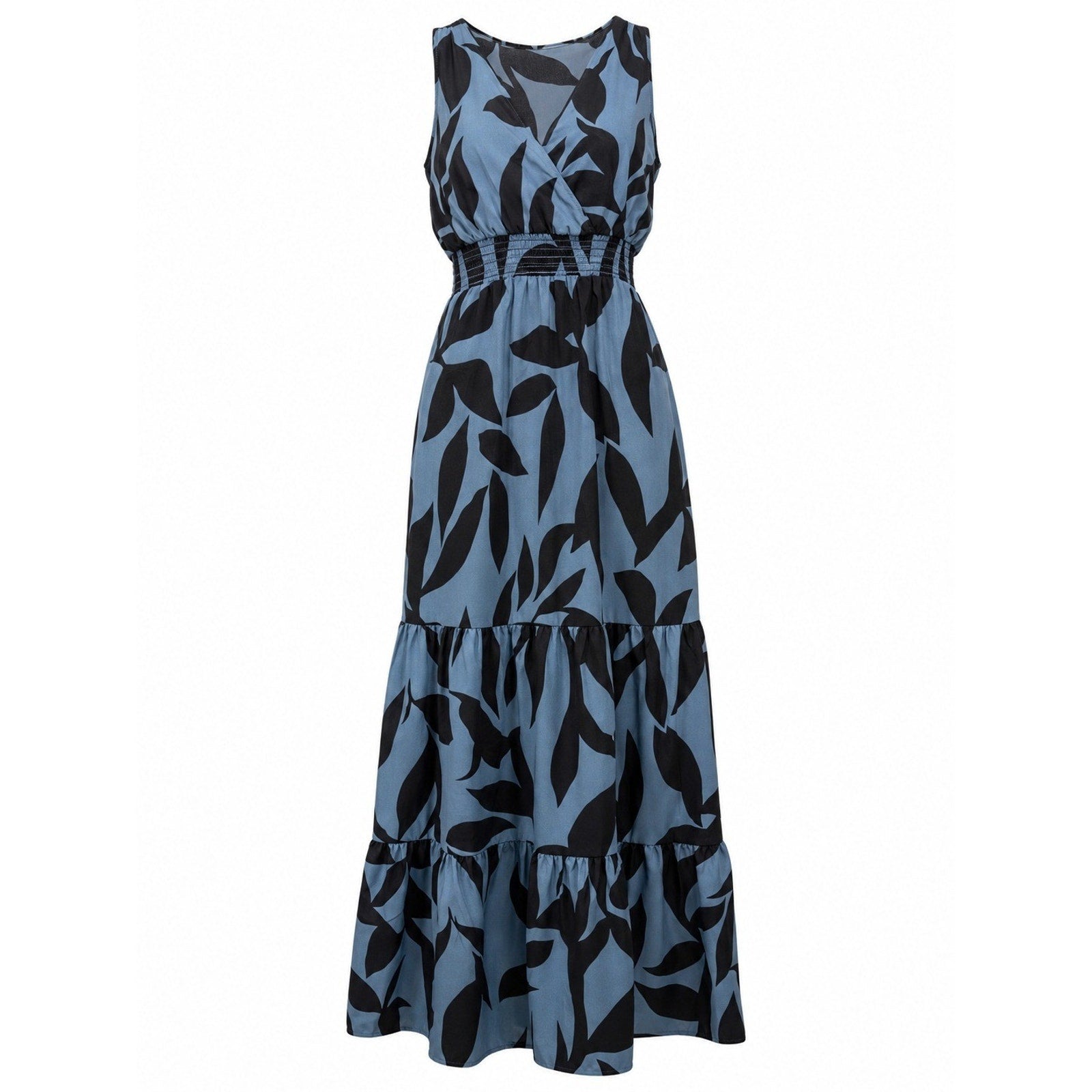 Blue Black Tropical Leaf Print Smocked Tiered Maxi Dress Women Medium Vacation