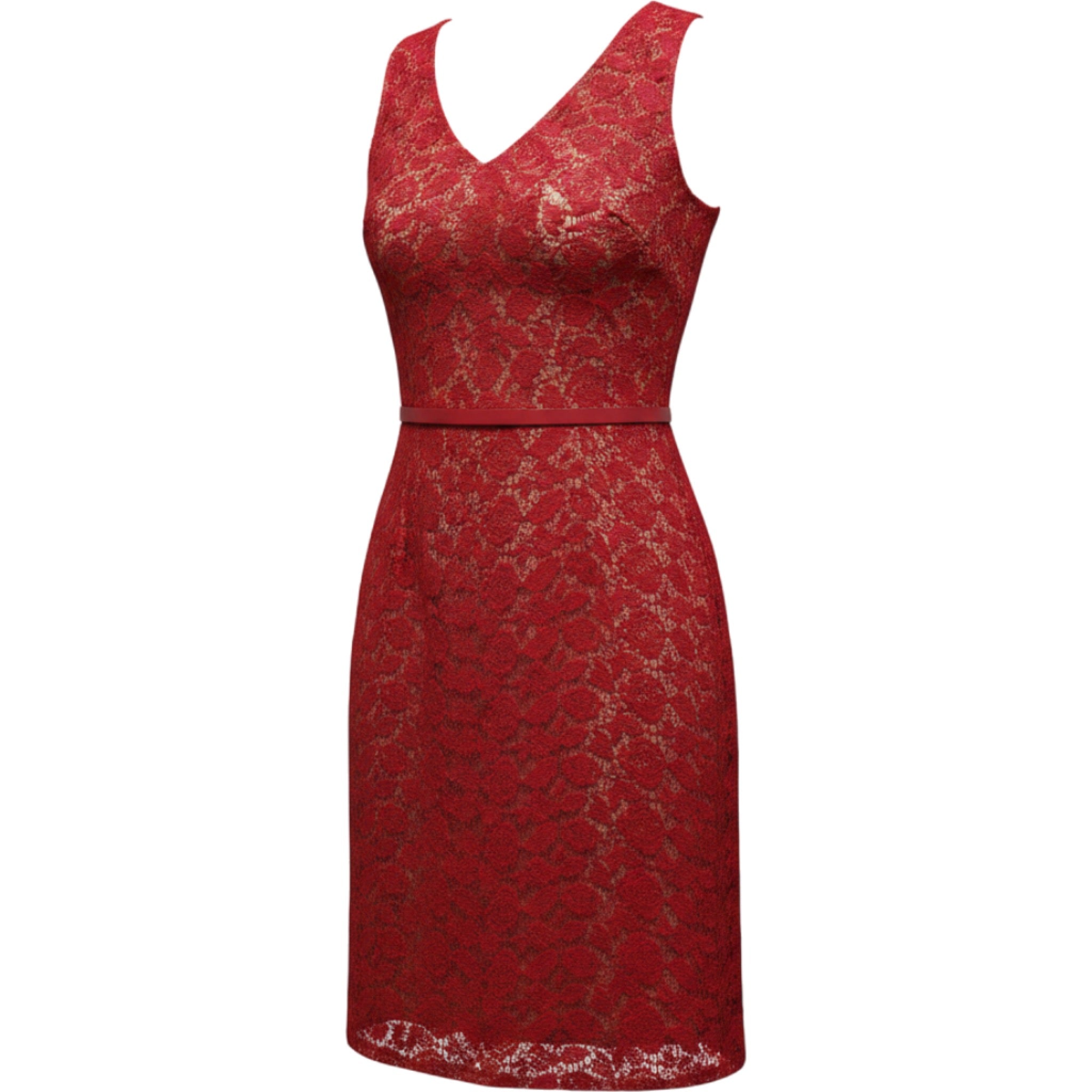 Kasper Red Lace Sheath Dress Est Women's Medium Cocktail Formal Belted Classic