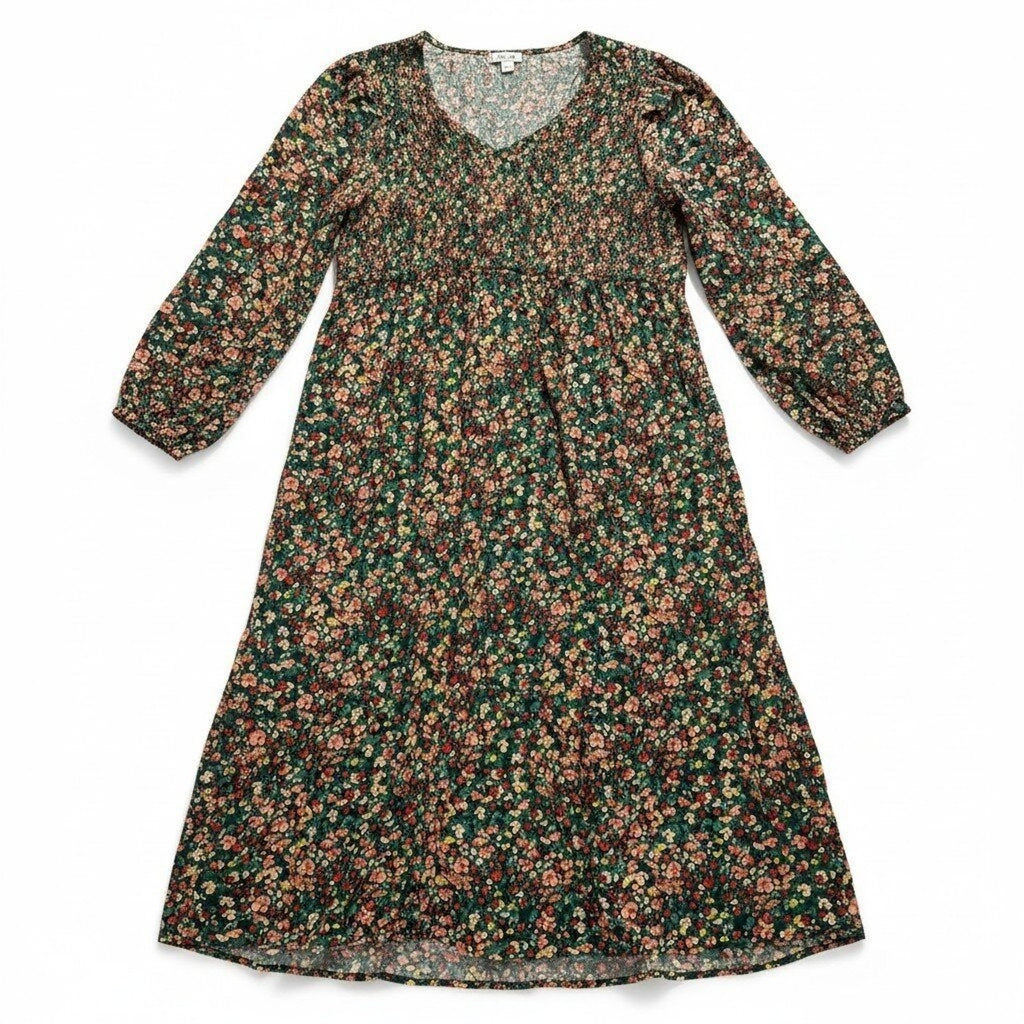 J.Crew Womens XL Green Floral Smocked Re-Imagined Viscose Midi Dress Boho Casual