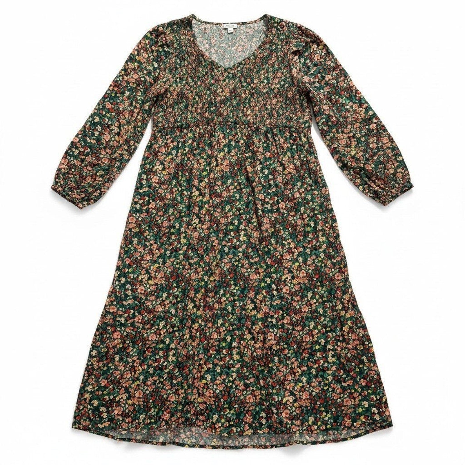 J.Crew Womens XL Green Floral Smocked Re-Imagined Viscose Midi Dress Boho Casual