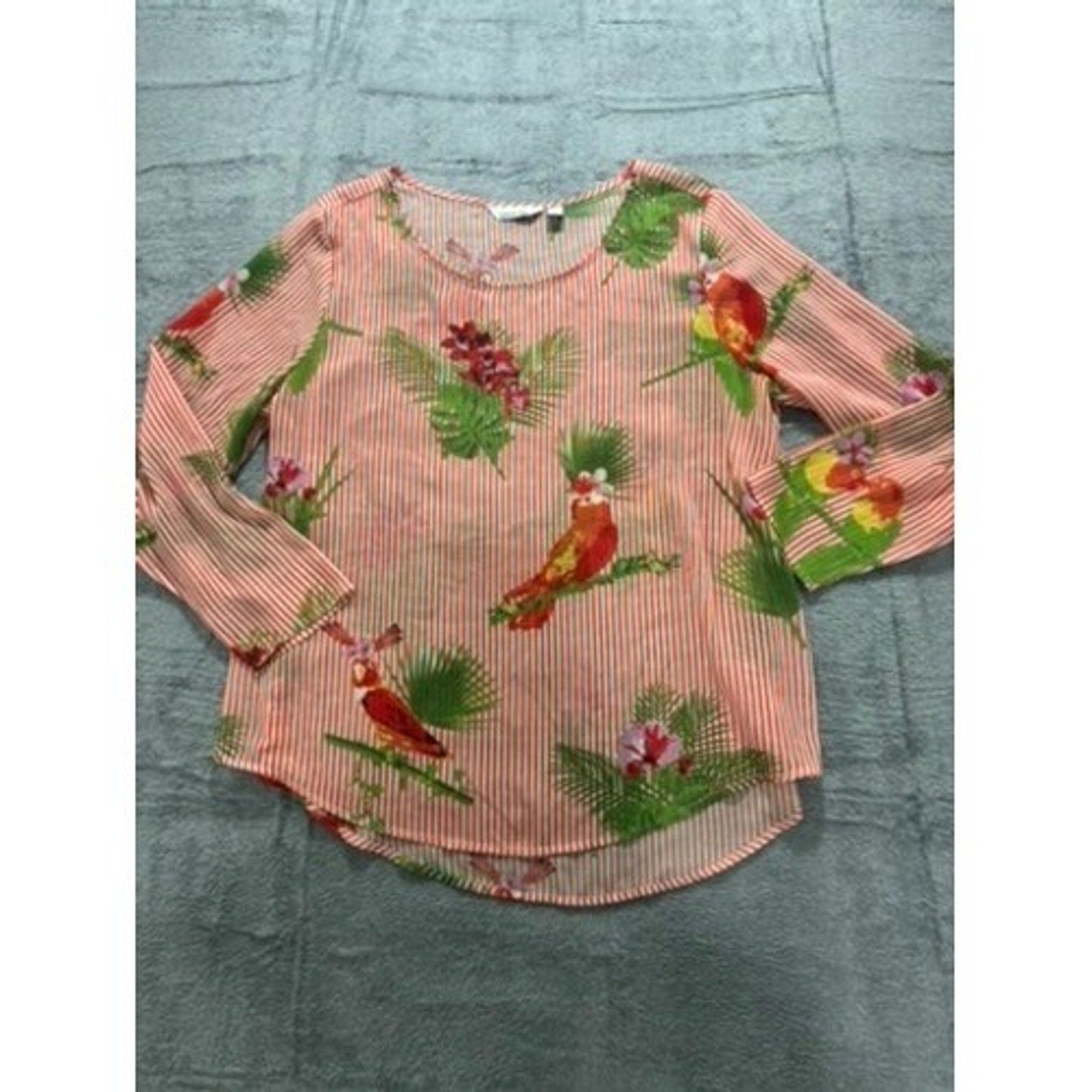 Lemon Way Blouse Womens XL Tropical Parrot Striped Long Sleeve Orange Green Top