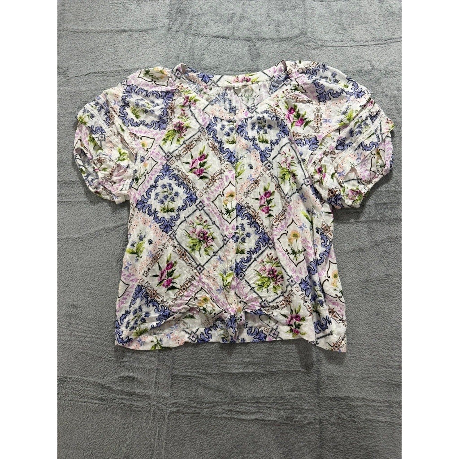 Jane + Delancey Womens Floral Baroque Patchwork Twist Front Puff Sleeve Blouse M