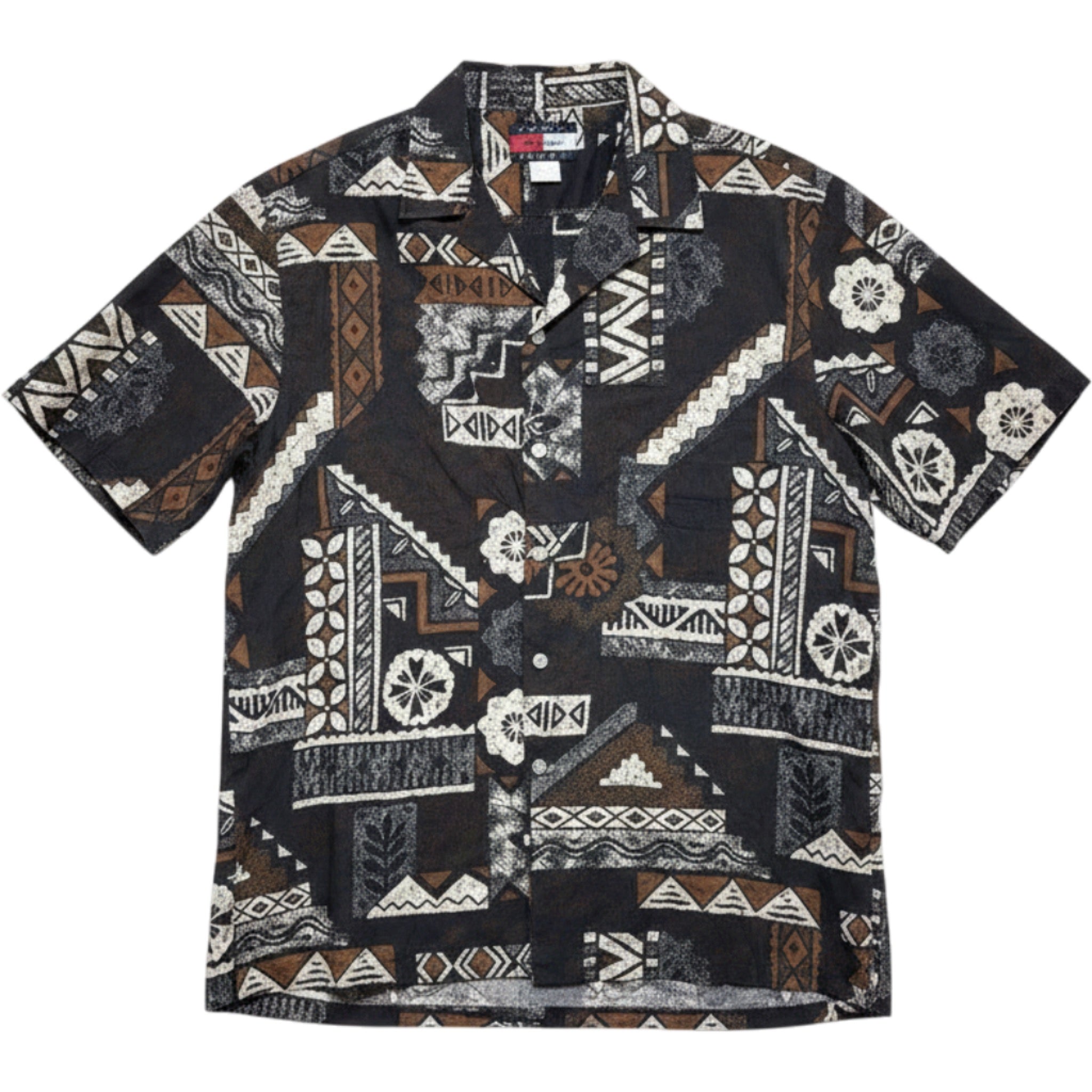 Tommy Fashion Hawaii Short Sleeve Button Shirt XL Brown Black Tribal Print