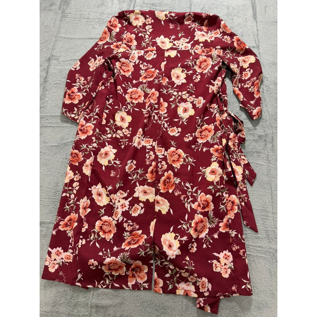 New York & Company Kimono Womens S Red Floral Duster Belted Boho