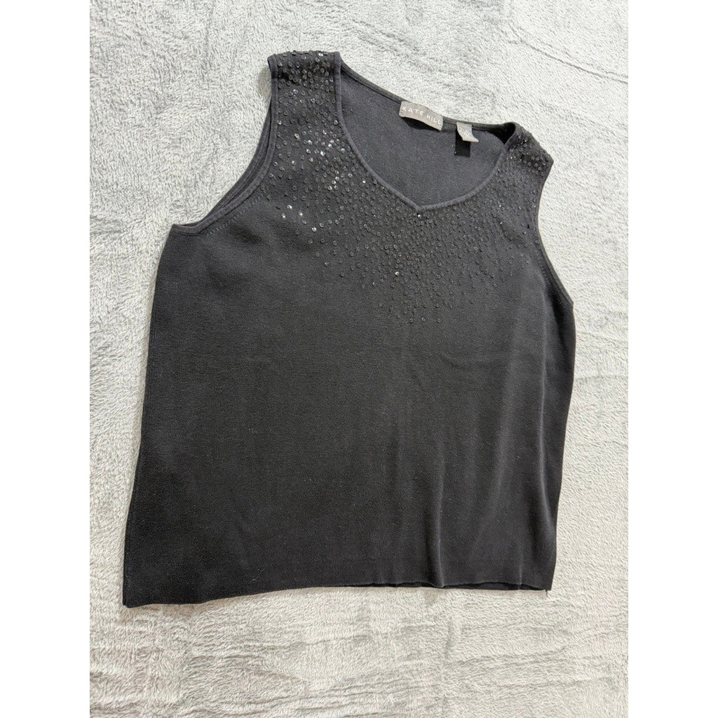 Kate Hill Womens XL Black Silk Cotton Blend Sequin V-Neck Knit Tank Top Shell