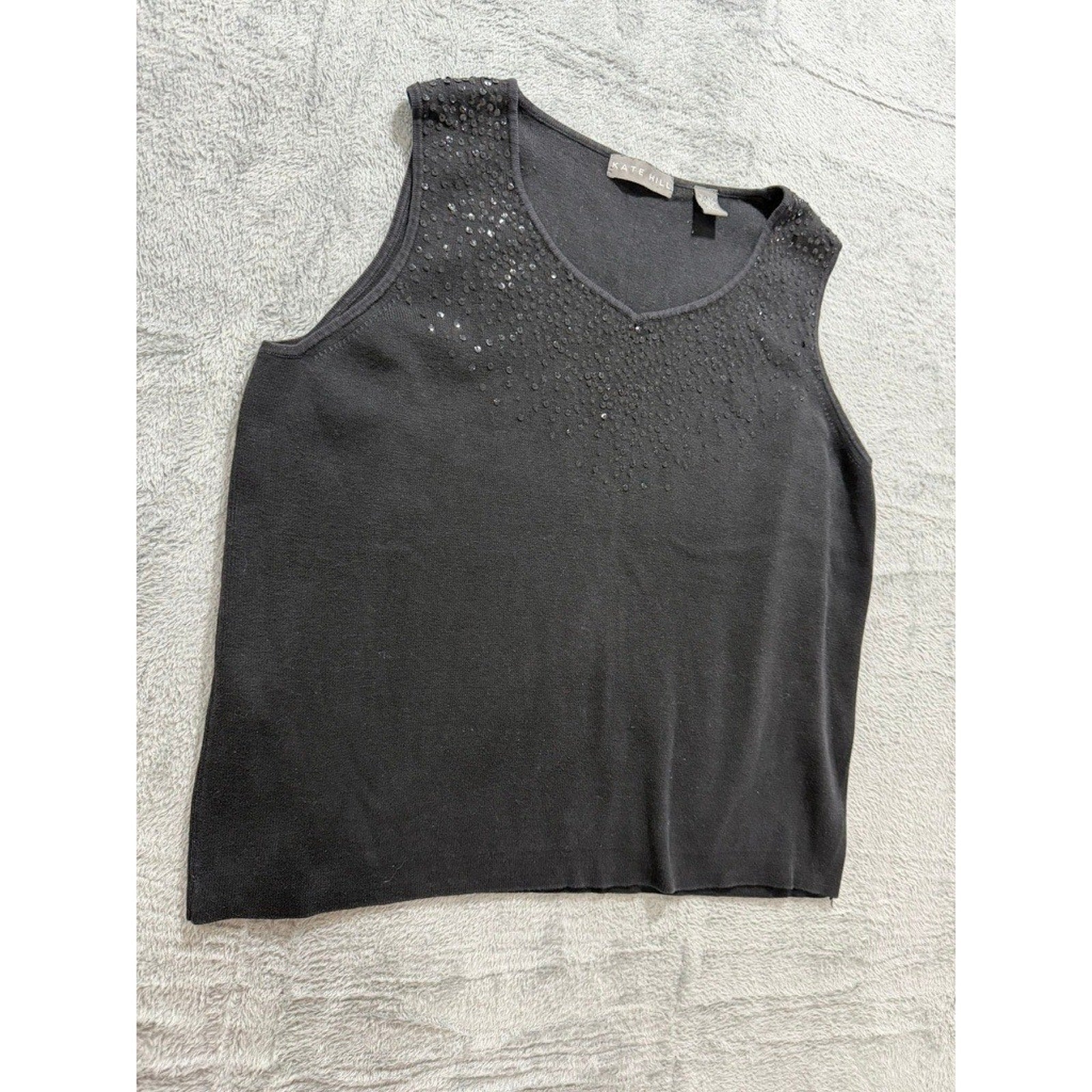 Kate Hill Womens XL Black Silk Cotton Blend Sequin V-Neck Knit Tank Top Shell