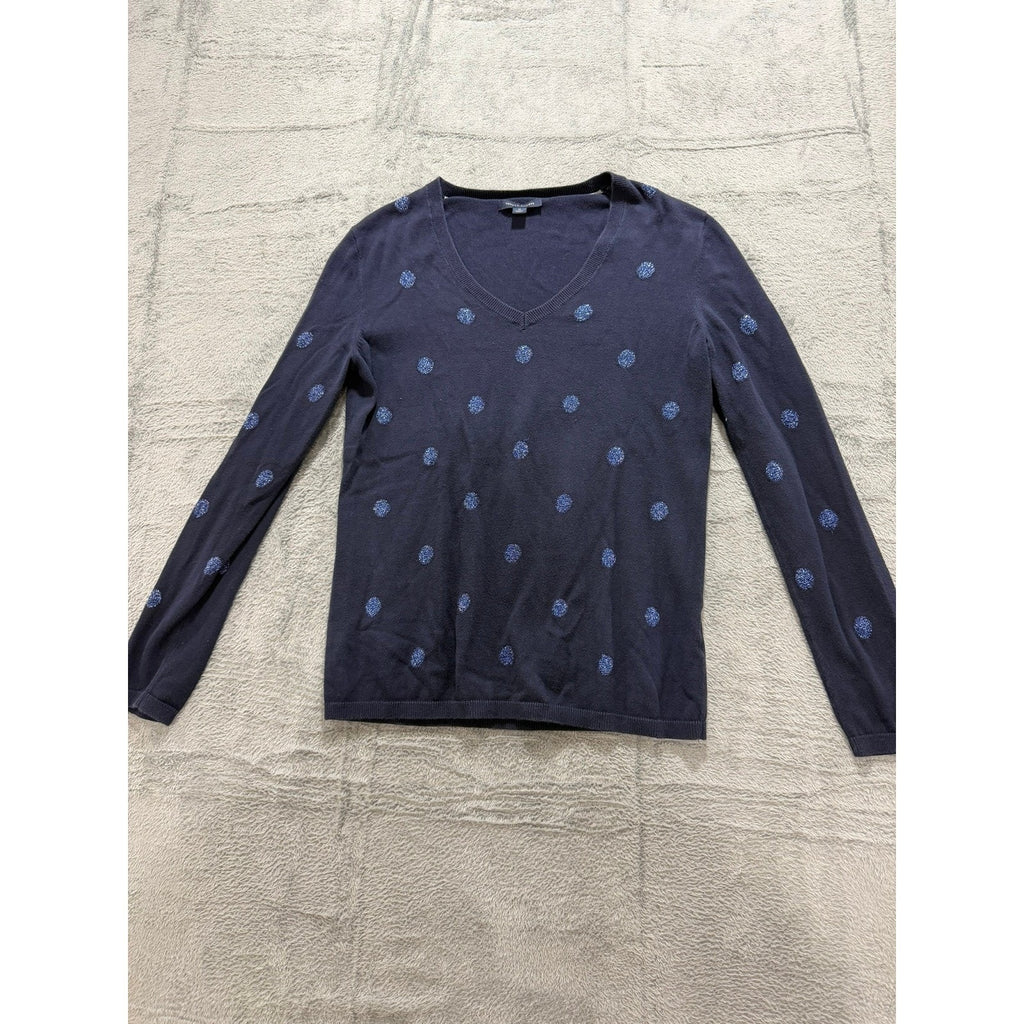 Tommy Hilfiger Sweater Womens M Navy Polka Dot V Neck Long Sleeve Preppy