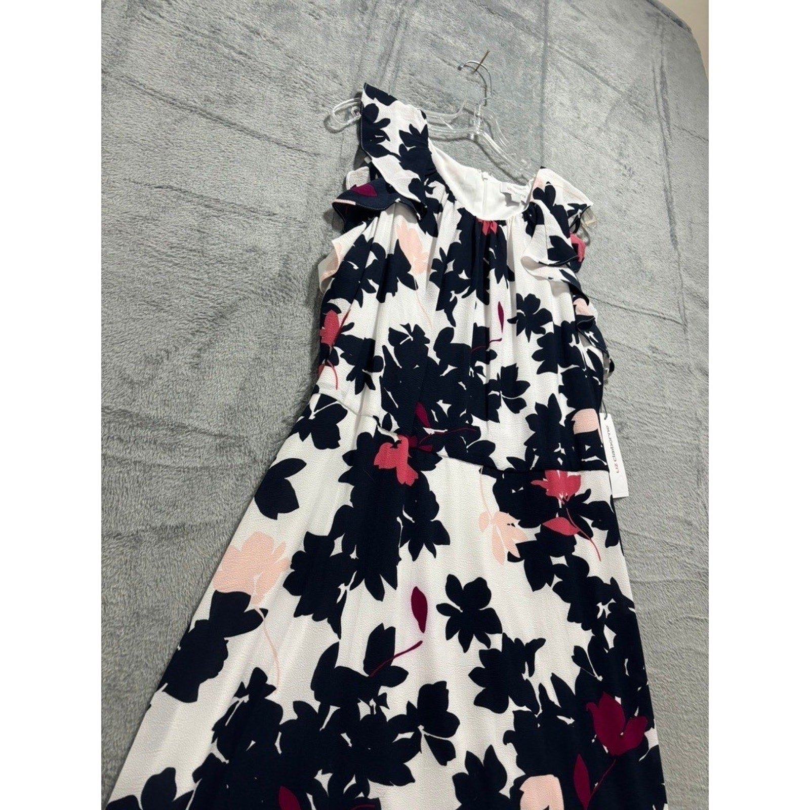 Liz Claiborne Womens 18 White Floral Ruffle Tiered Midi Dress Navy Pink NWT