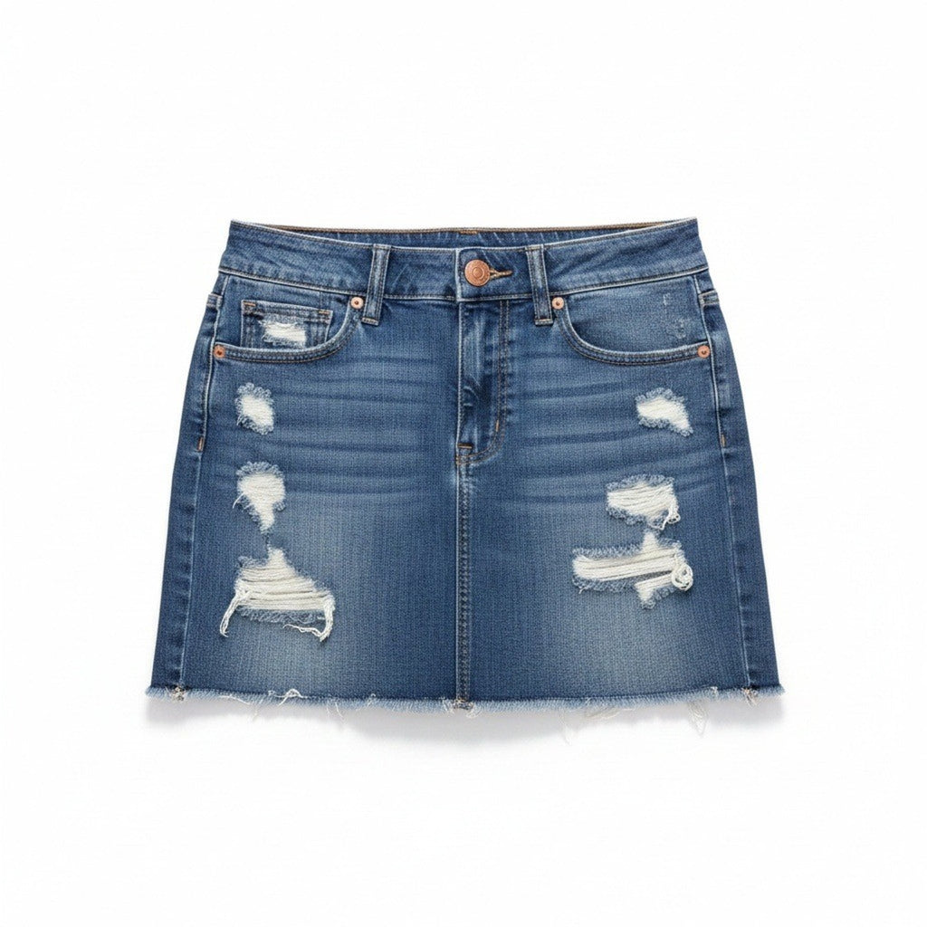 American Eagle 4 Blue Womens Distressed Denim Mini Skirt Raw Hem Casual Summer