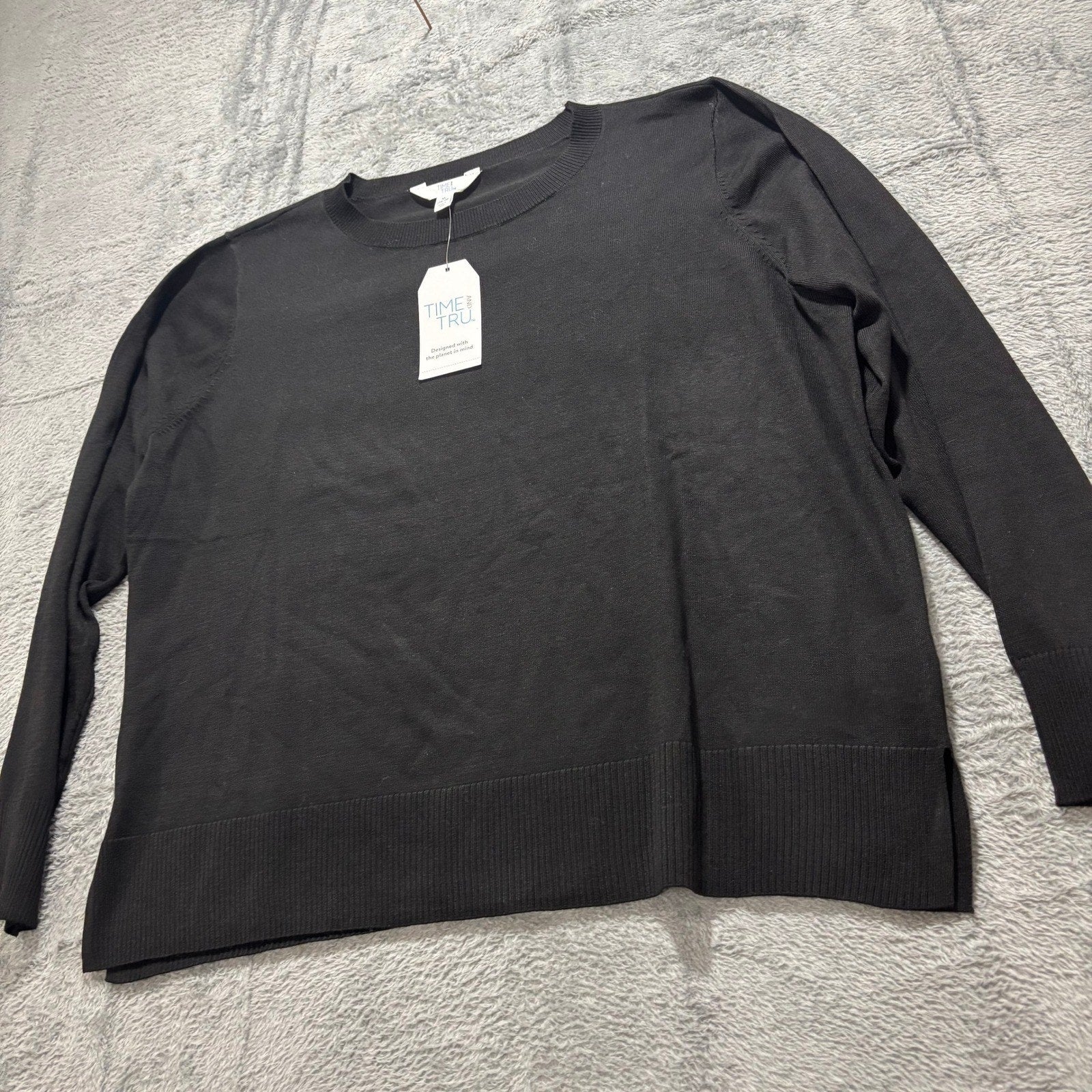 Time and Tru Womens XL Black Fine Gauge Pullover Sweater Crewneck Soft Knit Cozy