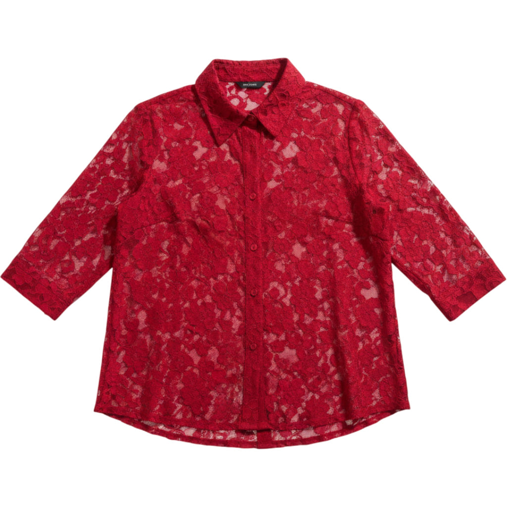 Denim 24/7 Red Lace Button Up Blouse Women's Medium Sheer Floral Top Casual