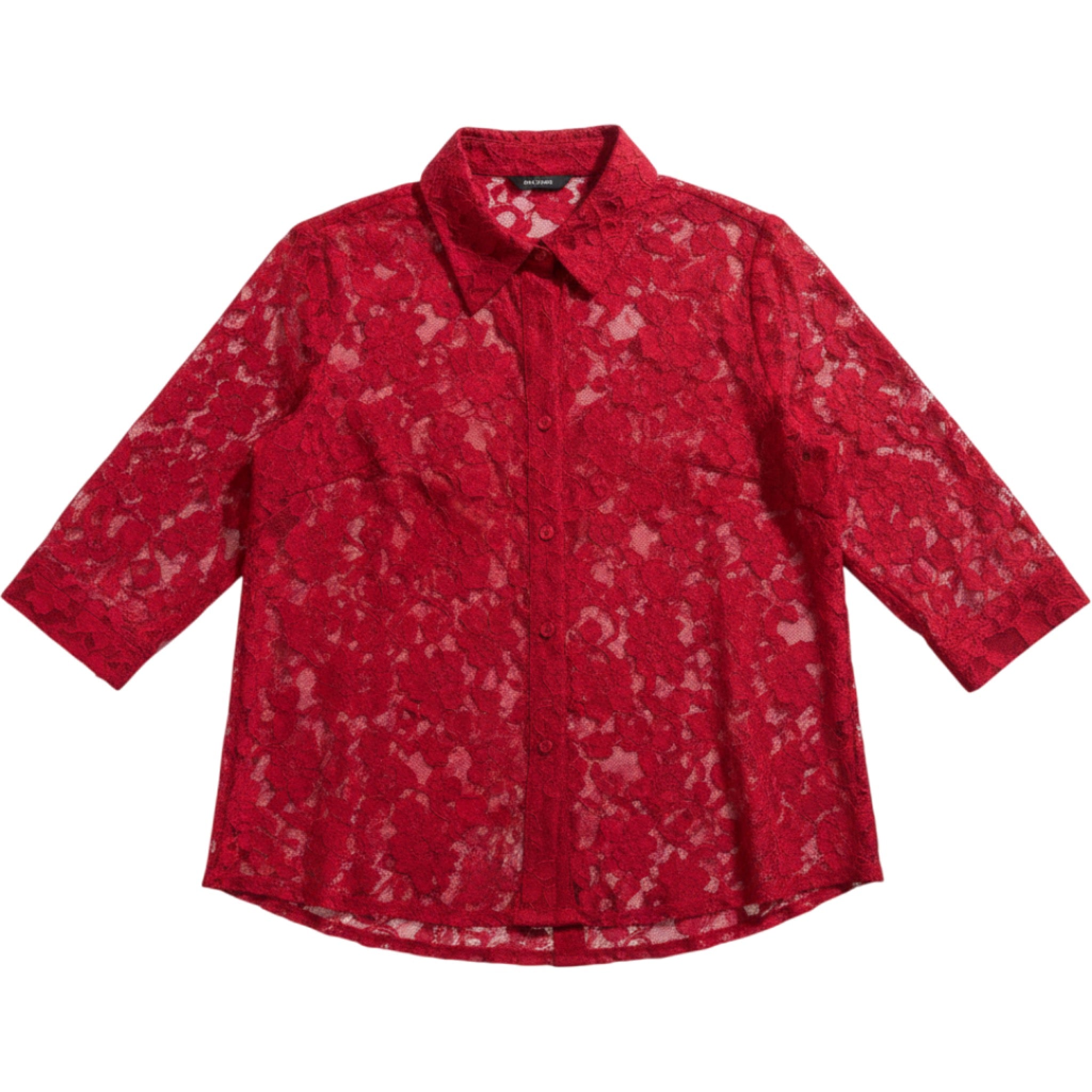 Denim 24/7 Red Lace Button Up Blouse Women's Medium Sheer Floral Top Casual