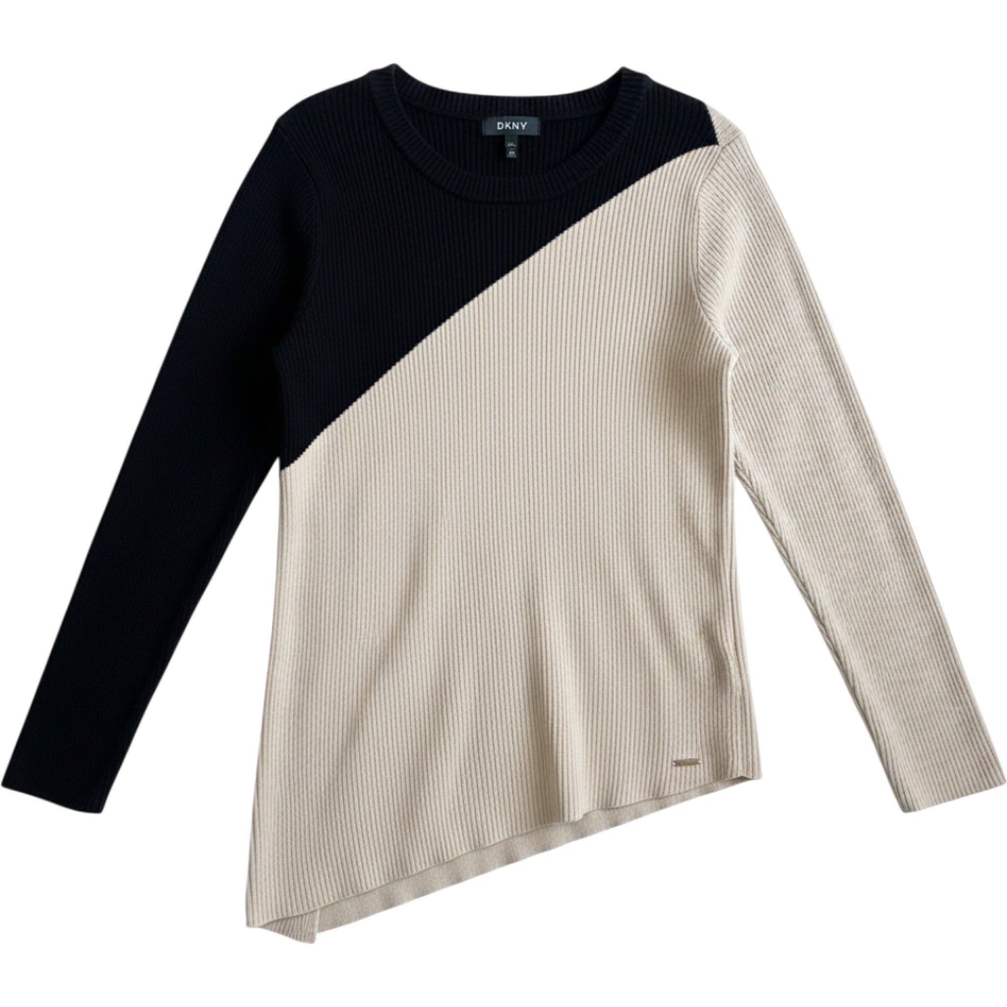 DKNY Colorblock Knit Sweater Women's Large Black Cream Long Sleeve Top Office
