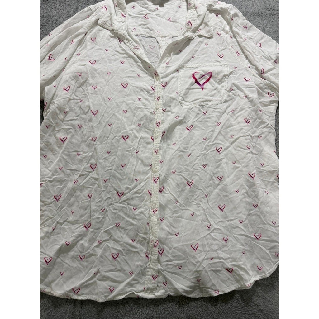 Velvet Heart Womens 3X White Pink Heart Print Roll Tab Sleeve Button Up Shirt