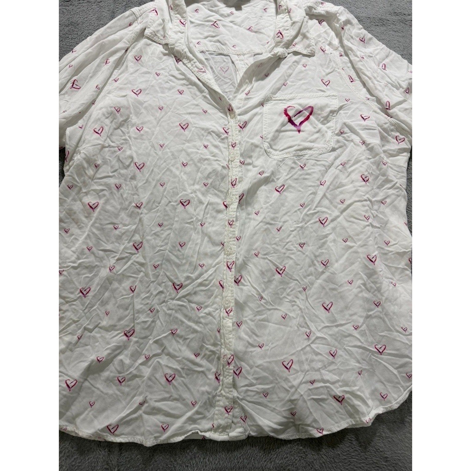 Velvet Heart Womens 3X White Pink Heart Print Roll Tab Sleeve Button Up Shirt