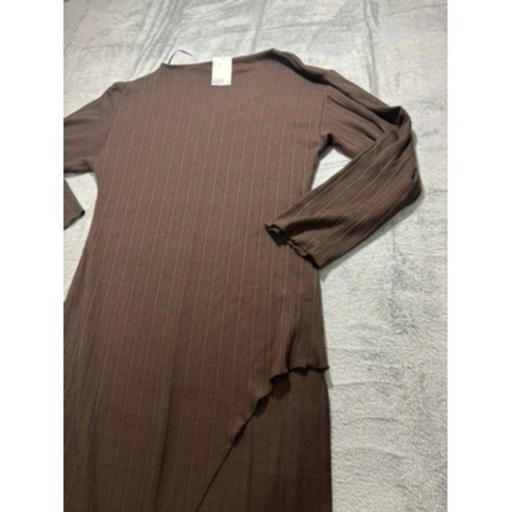 H&M Ribbed Long Sleeve Maxi Dress Chocolate Brown Asymmetrical Layered NWT